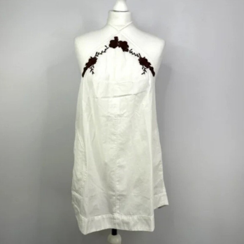 NWOT Free People Brown Embroidered Floral White Halter Top Tunic Pockets. Small